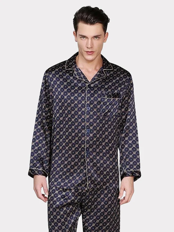 19 MOMME Pyjama en soie imprimé classique noir homme