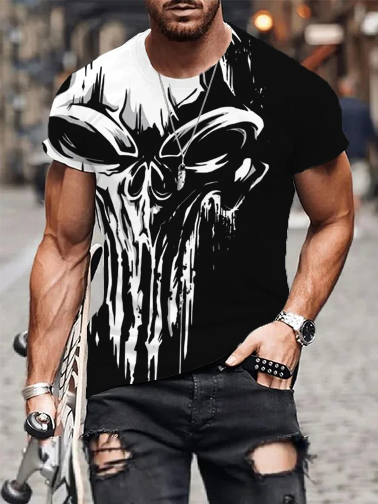 BrosWear Men's Skull Contrast Color Round Neck Comfy T Shirt