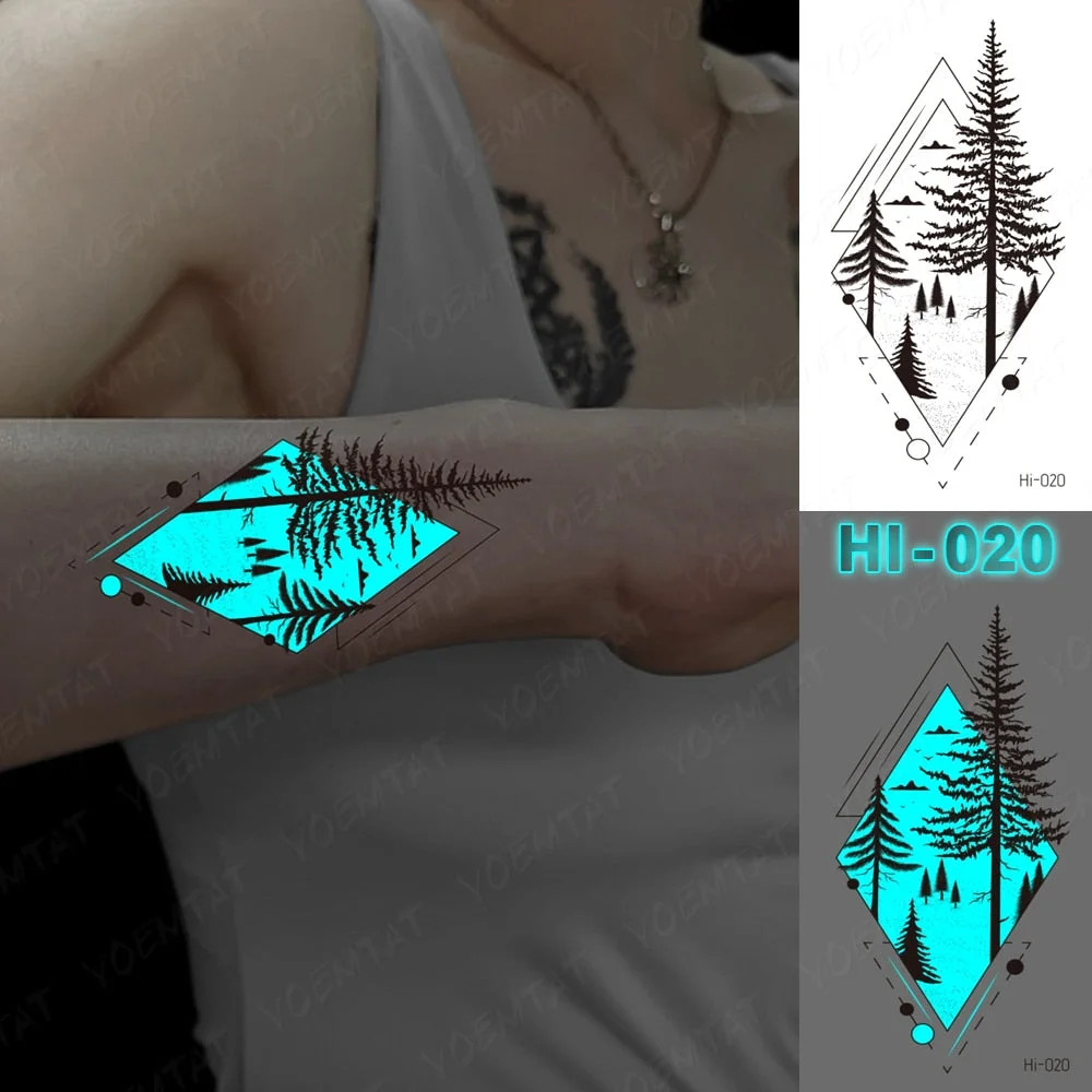 Blue Luminous Glow Tattoo Sticker Mountain Moon Waterproof Temporary Tatoo Nature Forest Sea Fake Tatto For Body Art Women Men