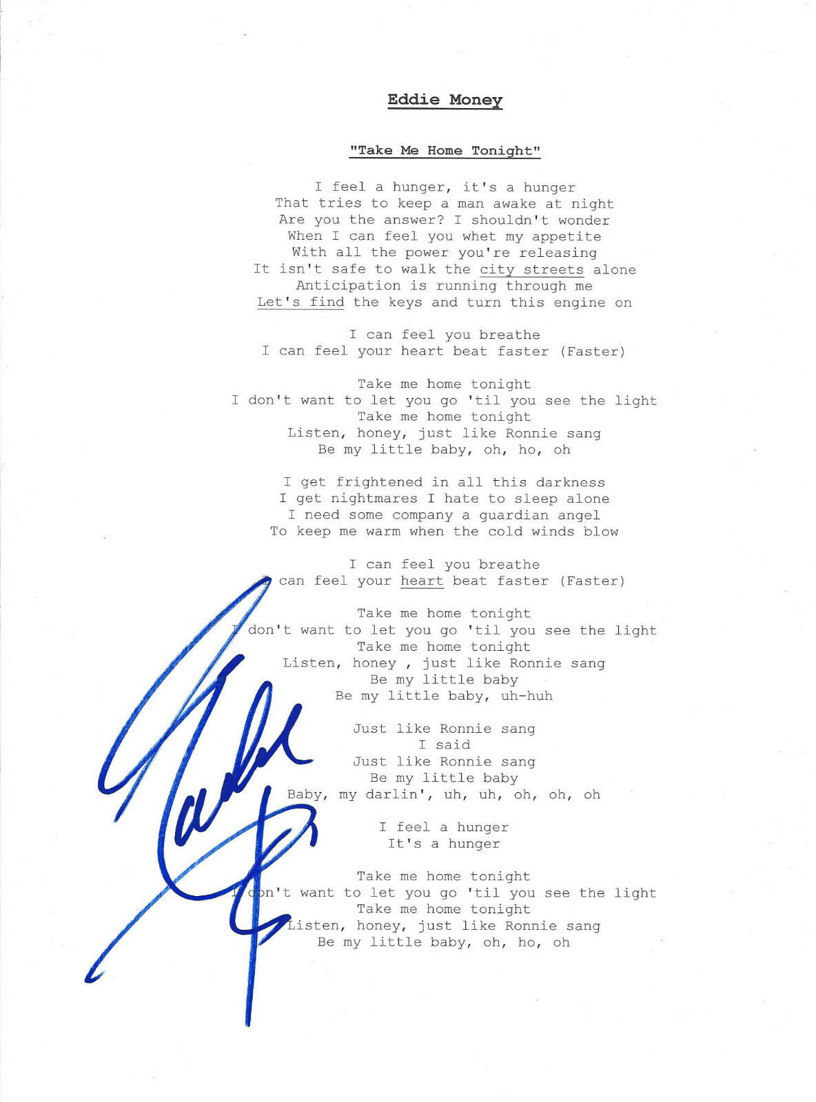 **GFA Take Me Home Tonight *EDDIE MONEY* Signed 8.5x11 Lyric Sheet AD1 COA**