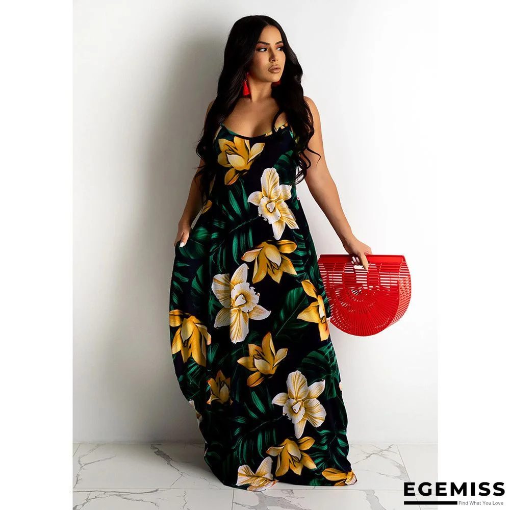 Flower Print Loose Suspender Dress Long Skirt Black Dresses | EGEMISS