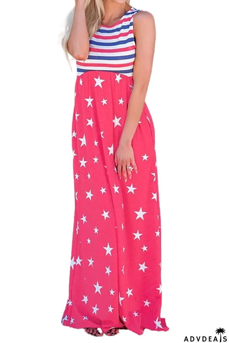 Stripes and Stars Sleeveless Maxi Dress with Pockets