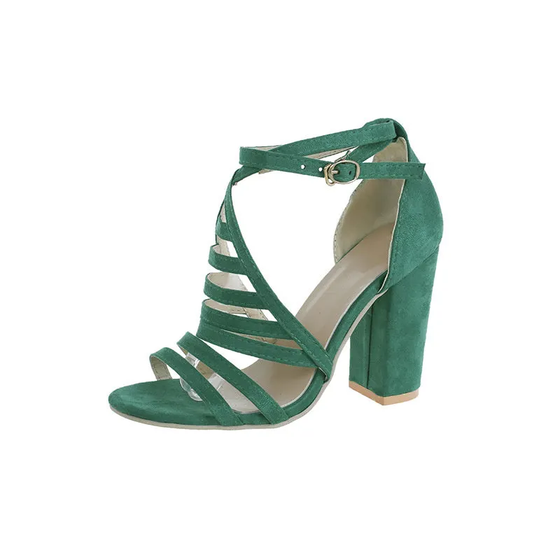 Women's Summer Cross Suede Strap Open Toe Buckle Solid Color High Heel Sandals