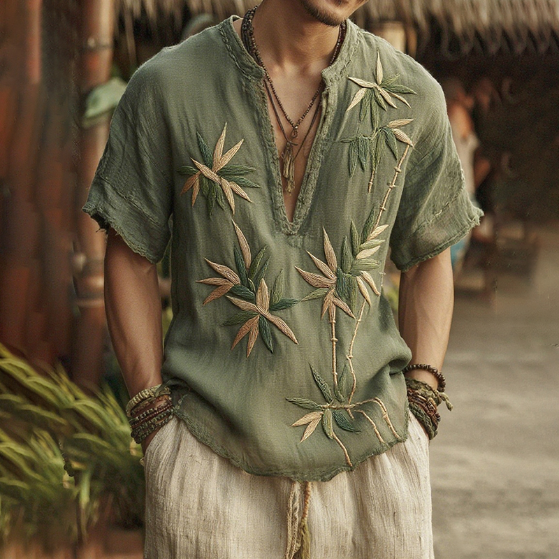 Men's Bamboo Embroidery V-neck Short Sleeve Linen Blend Shirt  artssus