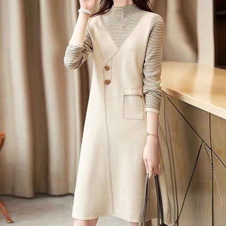 Beige Camel Long Sleeve Stripes Pockets Dresses QueenFunky