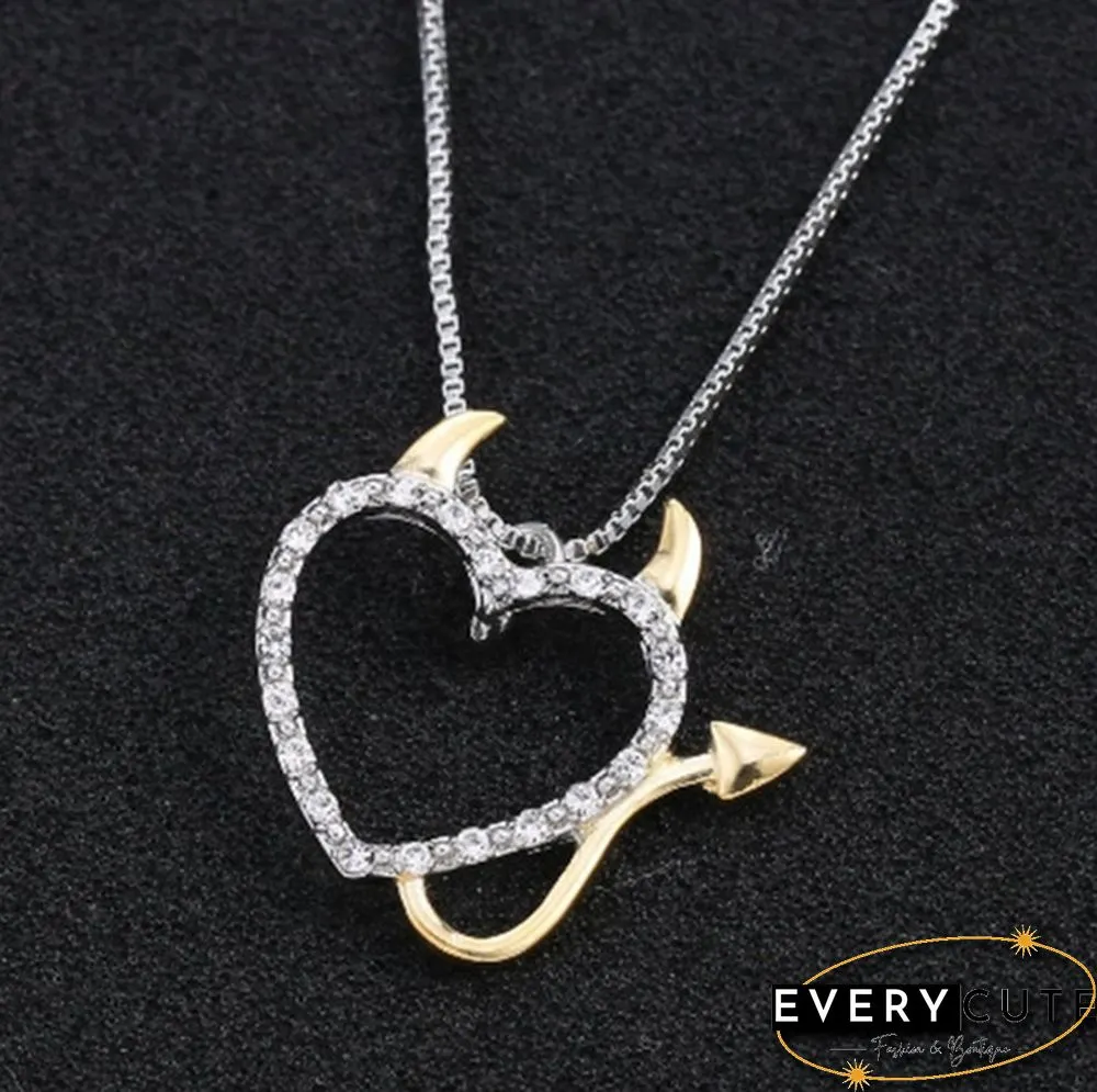 925 Standard Silver Love Heart Accent Devil Pendant Necklaces Jewelry for Women Summer
