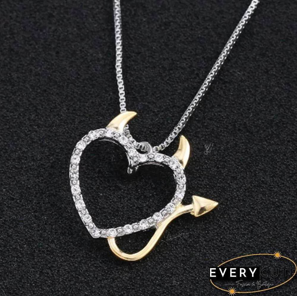 925 Standard Silver Love Heart Accent Devil Heart Pendant Necklaces Jewelry for Women Summer Decoration