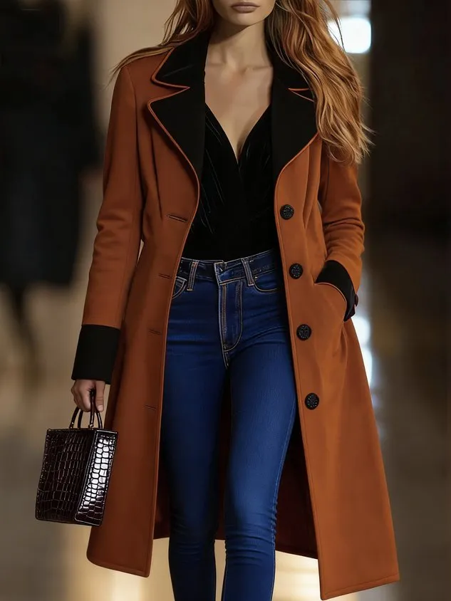 Urban Buttoned Color Block Suede Coat mysite idetrend