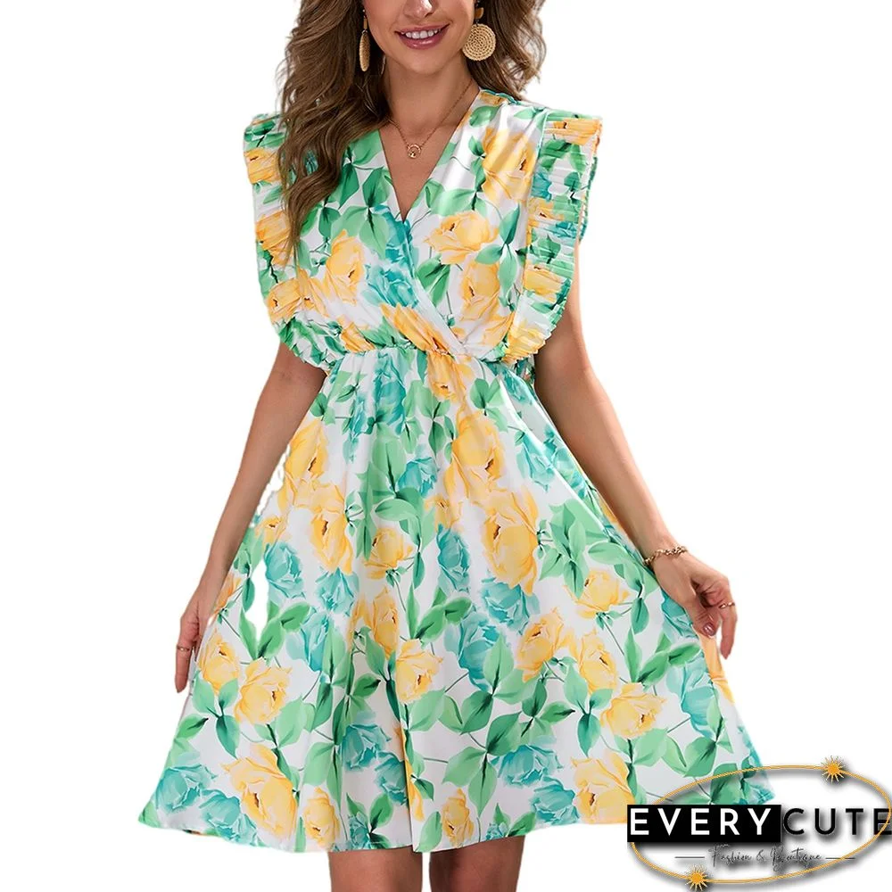 Light Green Flower Print Ruffled Sleeveless V Neck Mini Dress