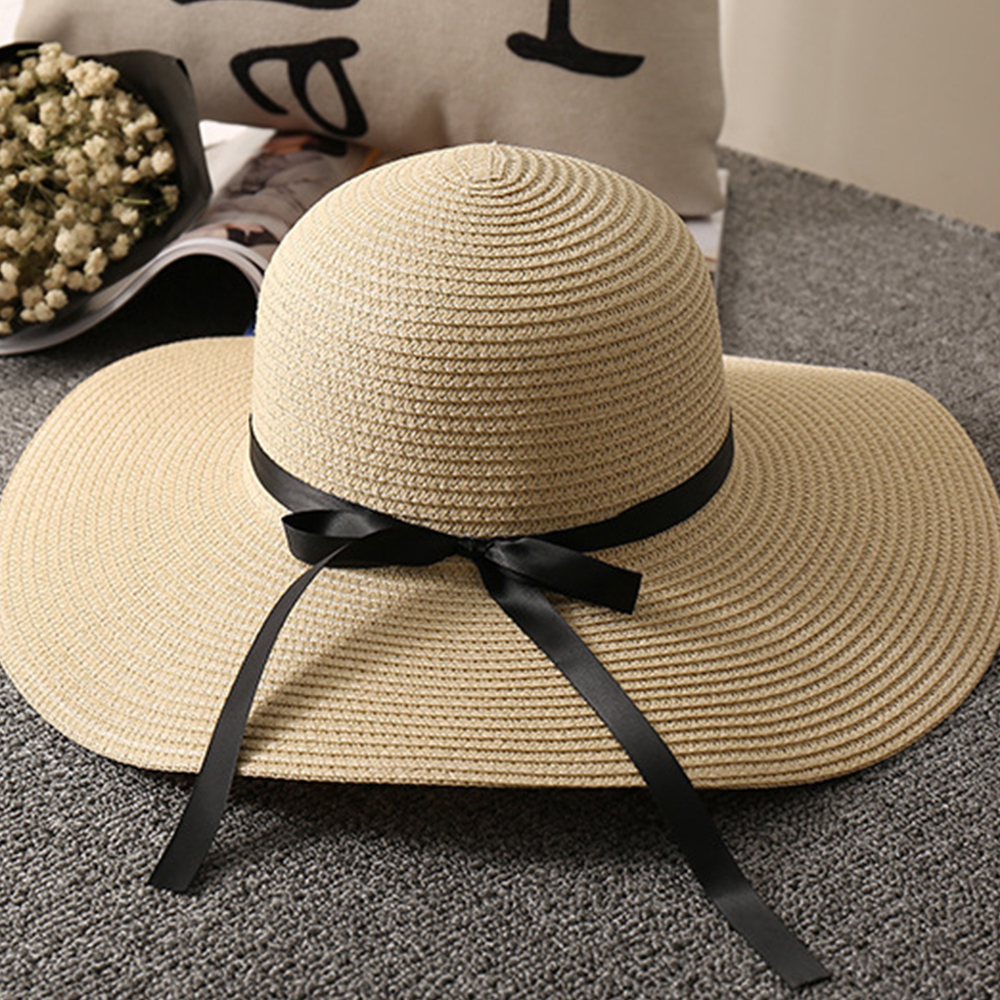 Vacation Khaki Bow Large Eaves Straw Hat 2024 - Flycurvy 