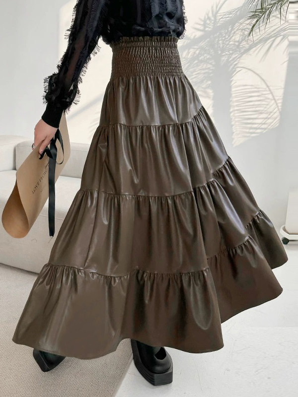 Loose and Tight Waist Pleated PU Leather Skirt