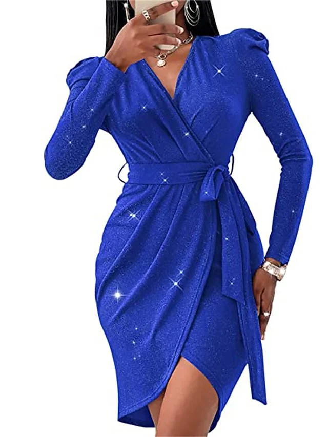 Women's Semi Formal Dress Party Dress Sheath Dress Formal Cocktail Party Mini Dress Party Stylish V Neck Long Sleeve Lace up Ruched 2023 Slim Black Red Blue Pure Color S M L XL 2XL | IFYHOME