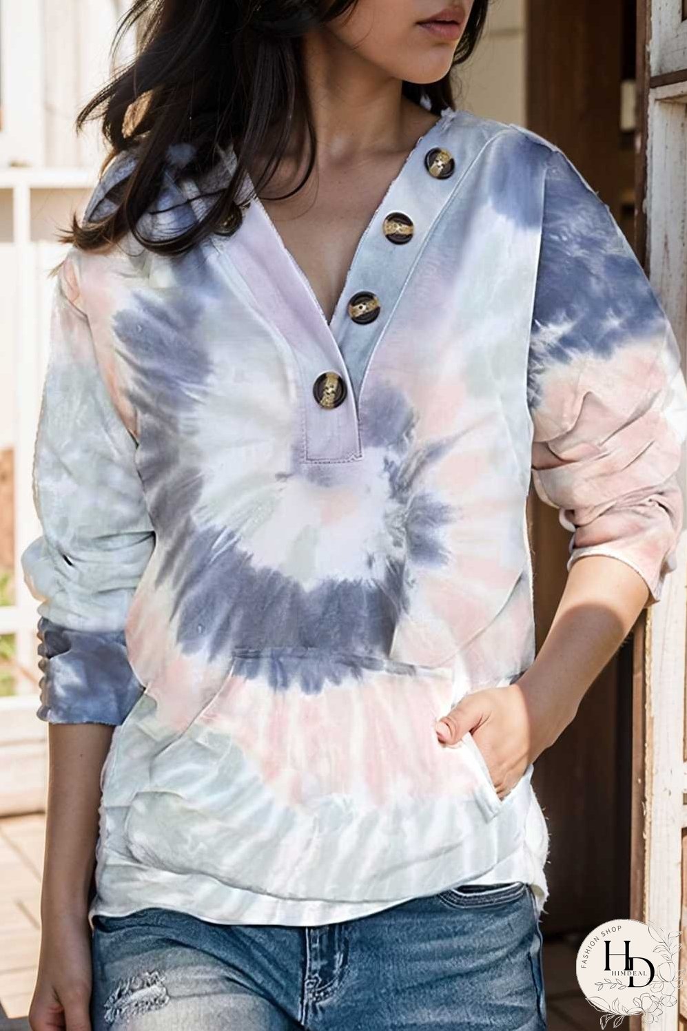 tie dye printed button long sleeve hoodie