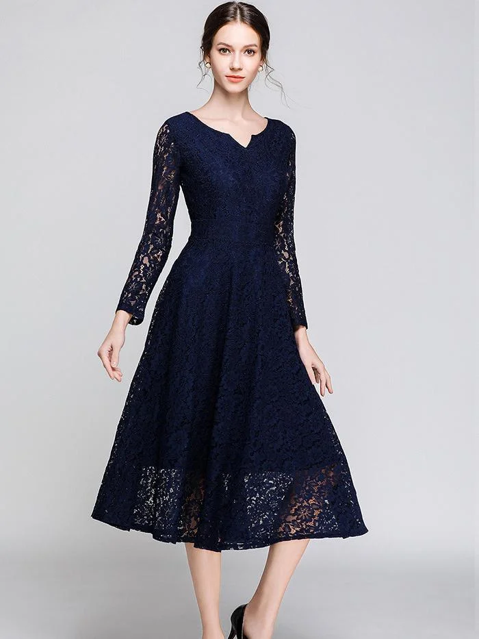 Temperament V-neck mid-length lace big dress