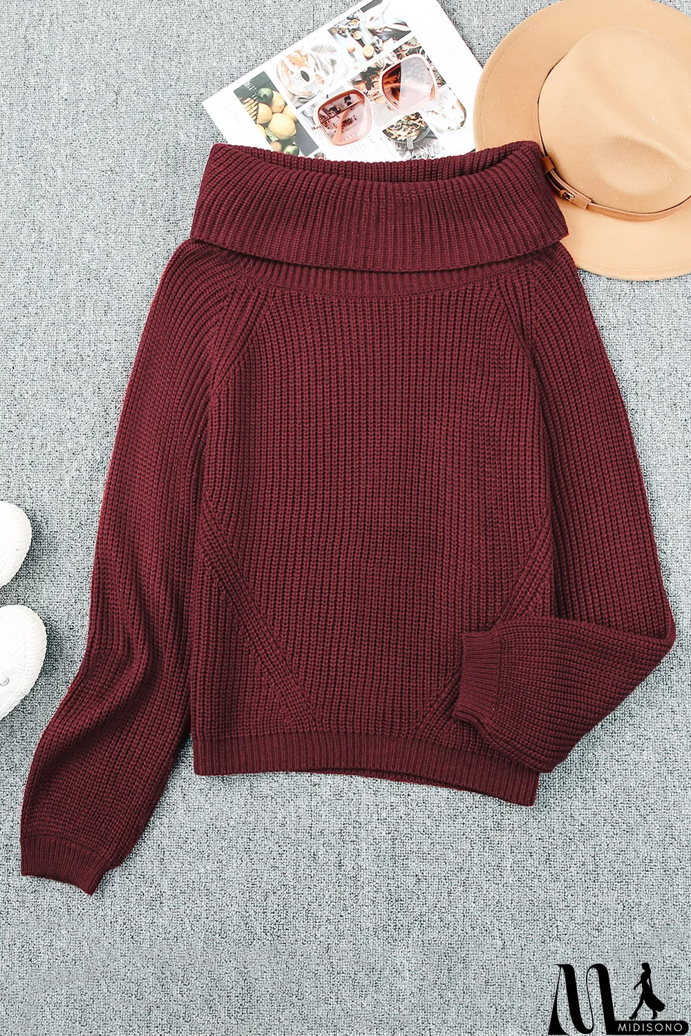 MidiSono - Red Ribbed Knit Foldover Off Shoulder Sweater
