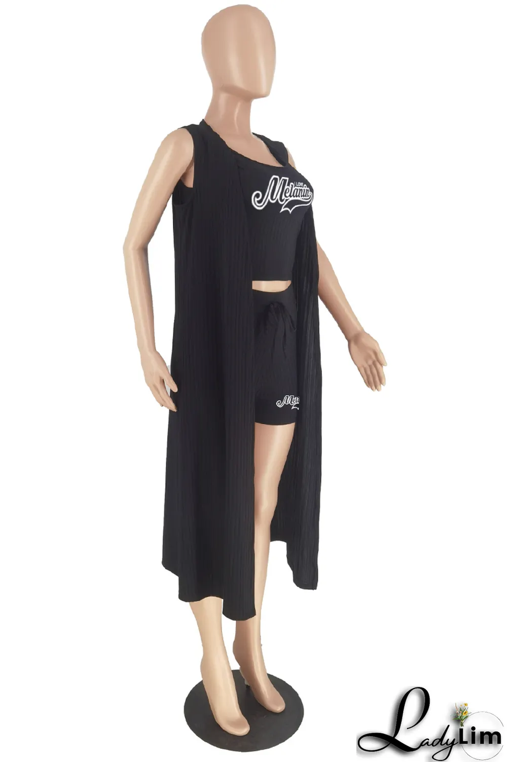 Black Fashion Print Patchwork Cardigan Collar Sleeveless Three Pieces