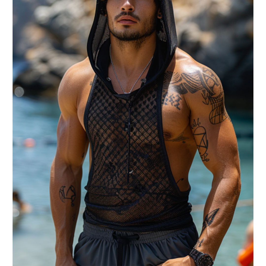 Men's Sexy Transparent Mesh Hooded Top-inspireuse