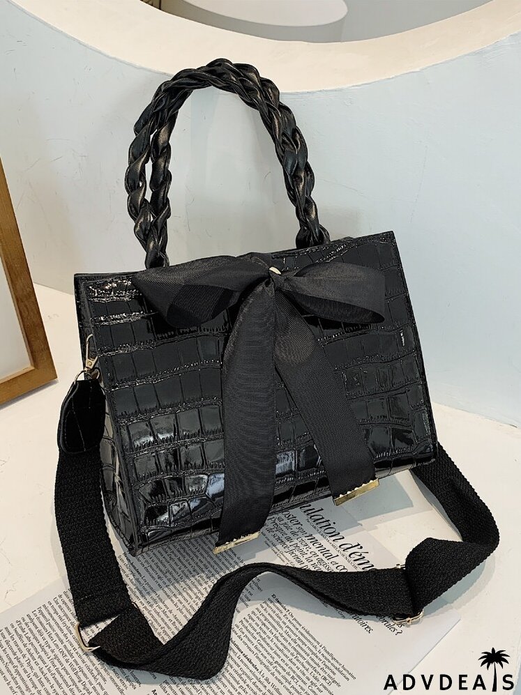 Bow Decor Croc Embossed Satchel Bag