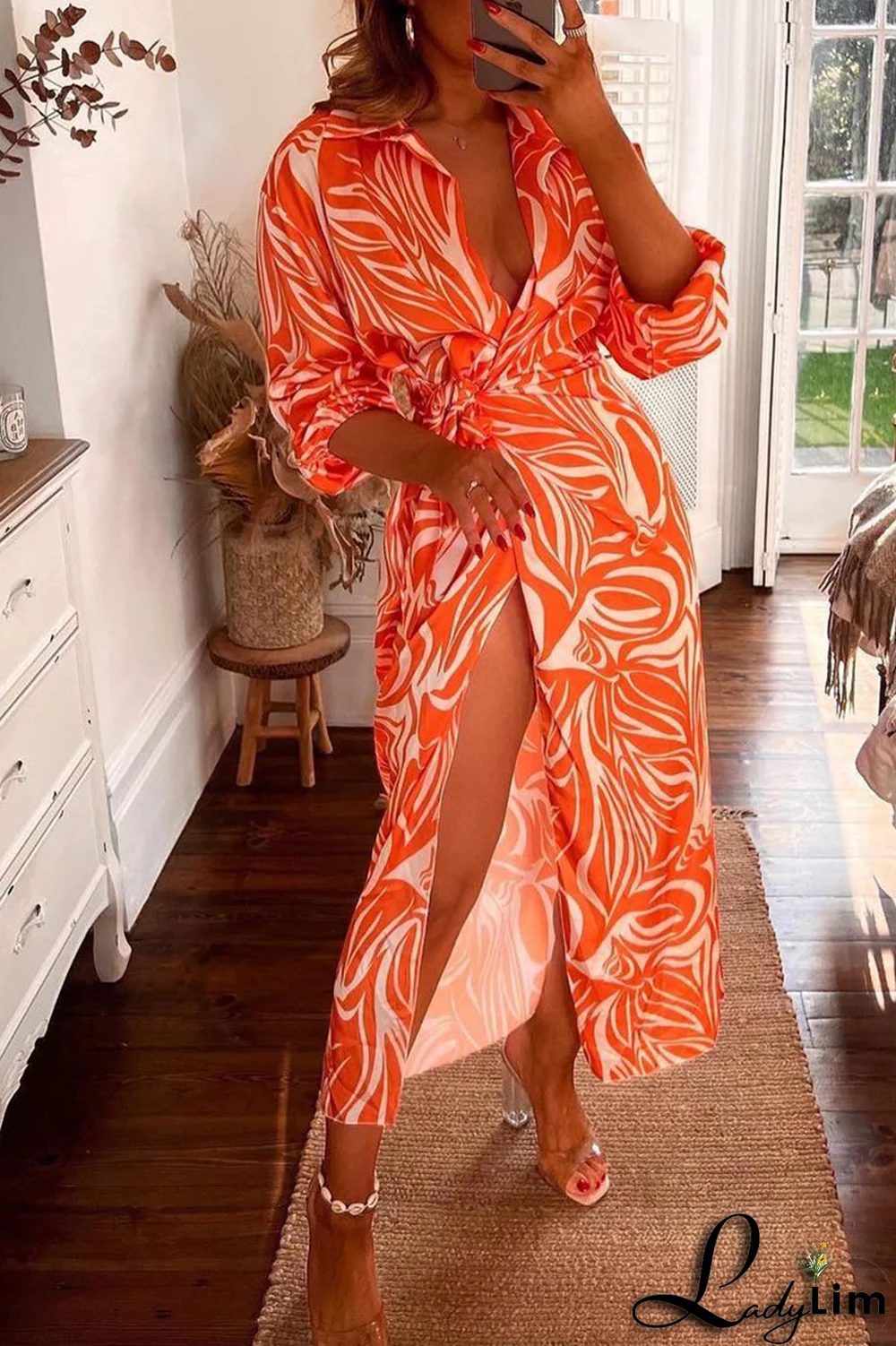 Red Fashion Print Patchwork V Neck Waist Skirt Dresses