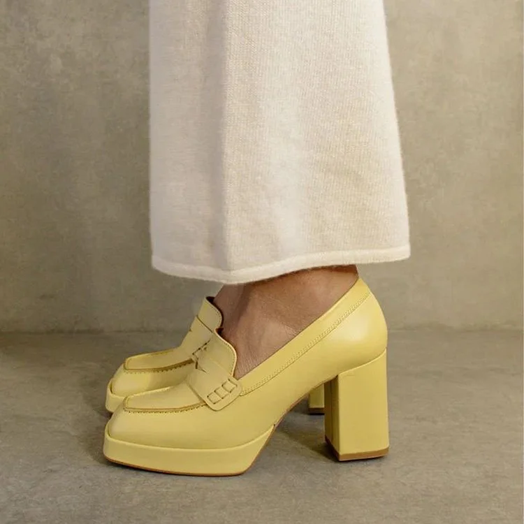 Yellow Platform Loafer Shoes Women'S Square Toe Chunky Heel Casual Pumps |FSJ Shoes