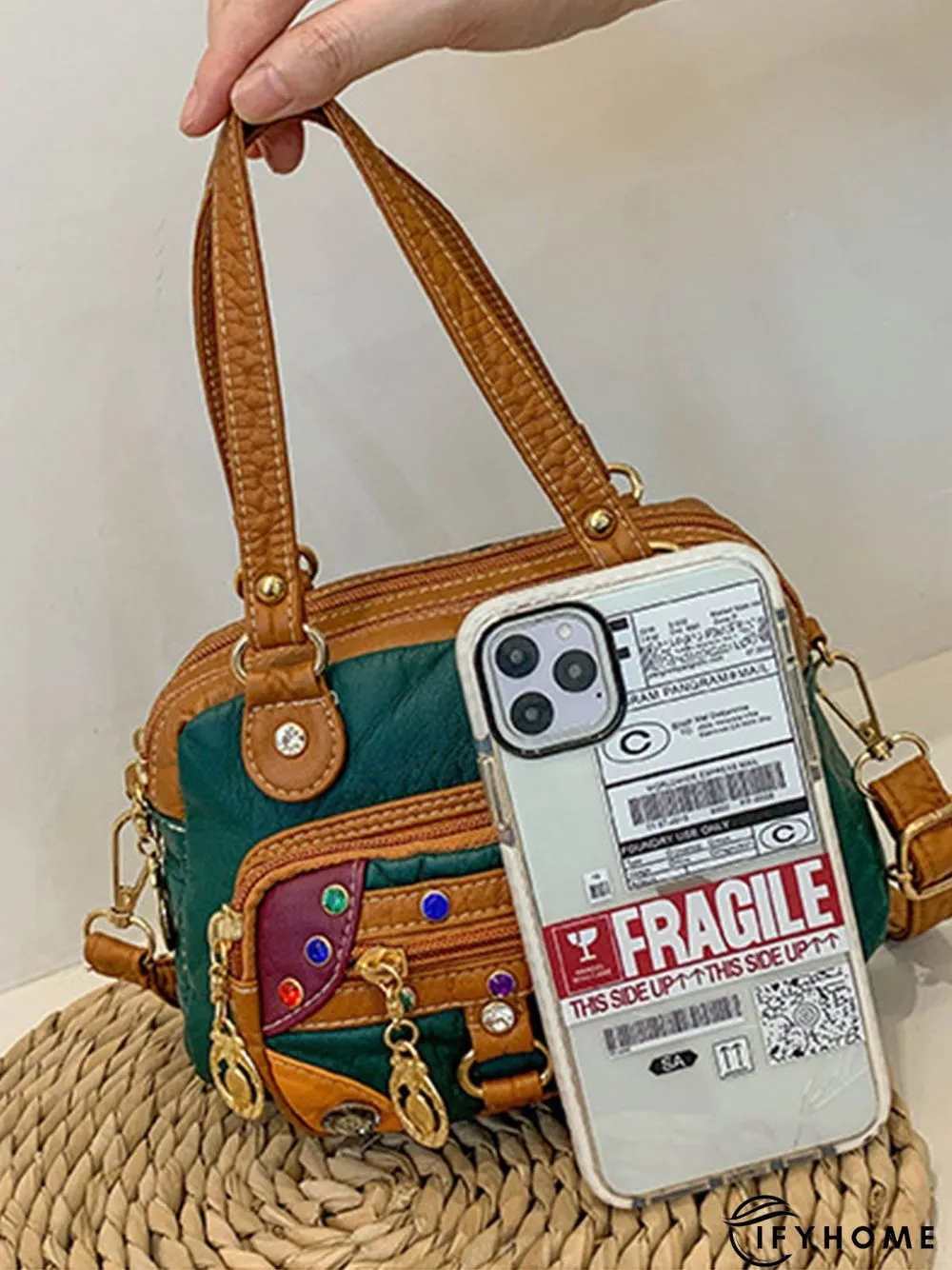 Retro Ethnic Style Mosaic Rhinestone Zipper Messenger Bag | IFYHOME
