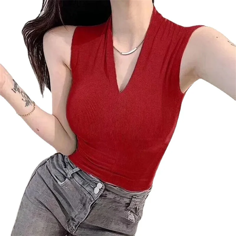 Uveng Uveng New Temperament V-Neck Sleeveless Thin Solid Threaded Vest Small Woman Body Inside The Coat Wear