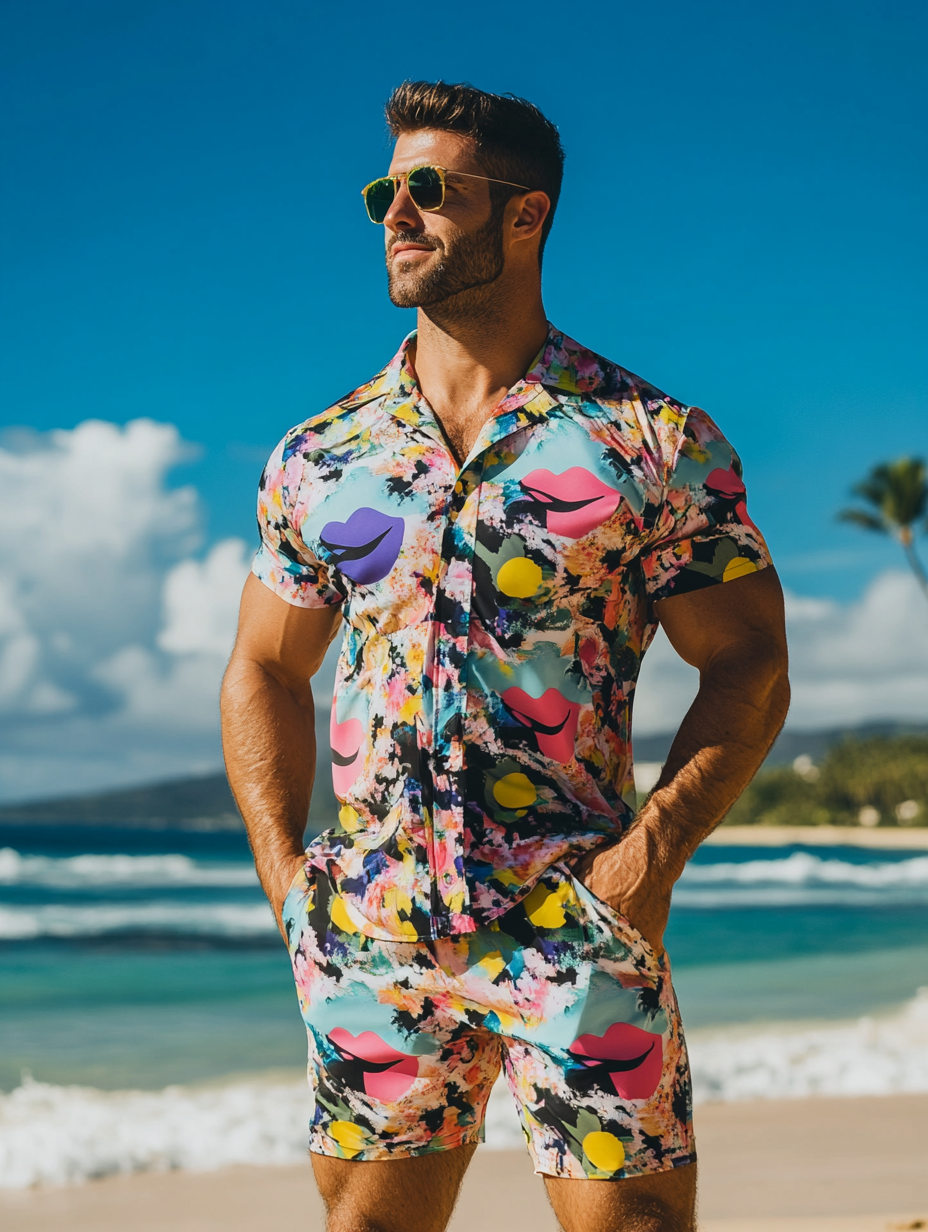 Colorful Lips and Teeth by the Sea Hawaiian Print Shirt Set