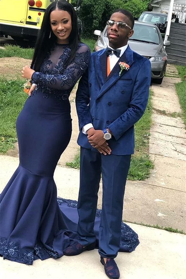 Navy Blue Double Breasted Casual Prom Outfits Double Breasted For Guys Velvet With Peaked Lapel | Ballbellas Ballbellas