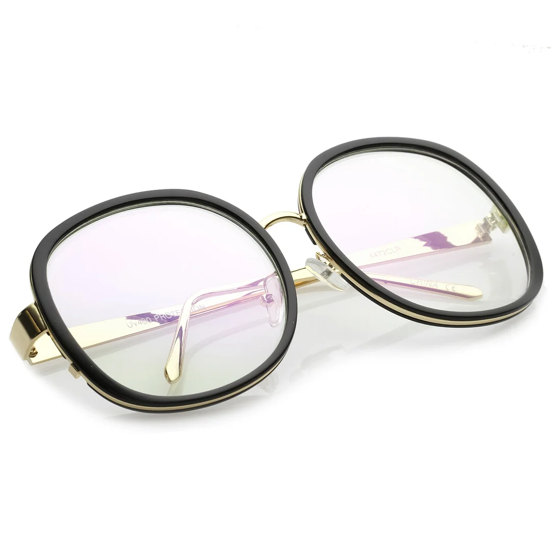 Women's Oversize Metal Arms Nose Birdge Clear Lens Round Eyeglasses 61mm