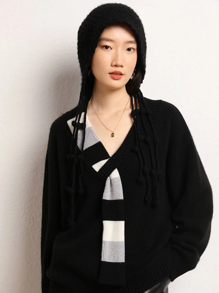 Sonicelife V-neck Imitation Scarf Retro 2023 Women's New  Cashmere Knitted Sweater Top