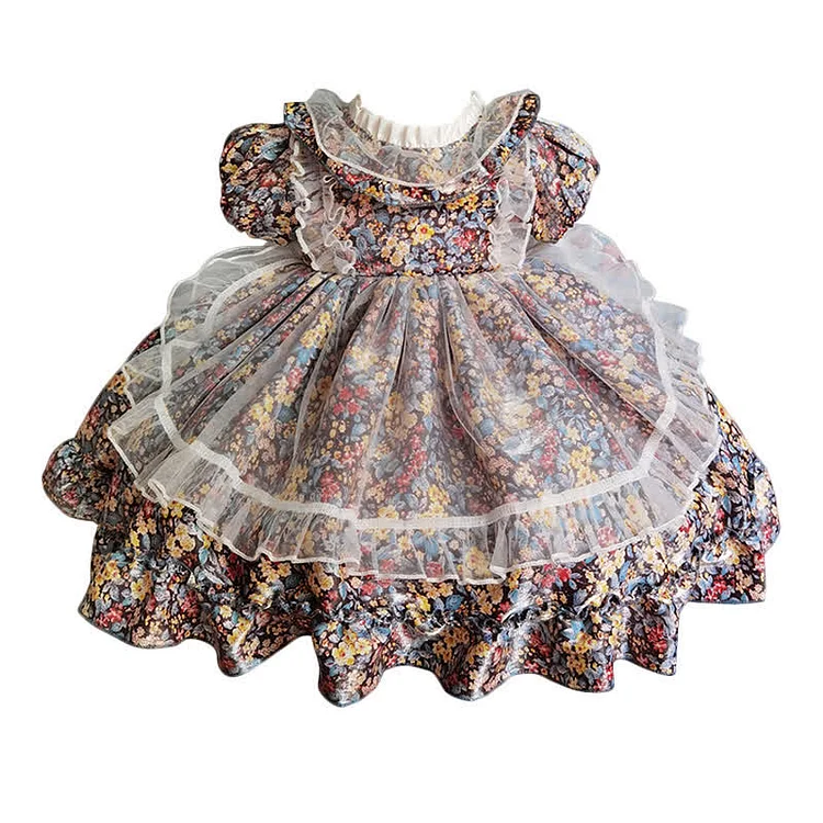 Toddler Girls Floral Print Lace Bowknot Princess Lolita Dress - Modakawa modakawa
