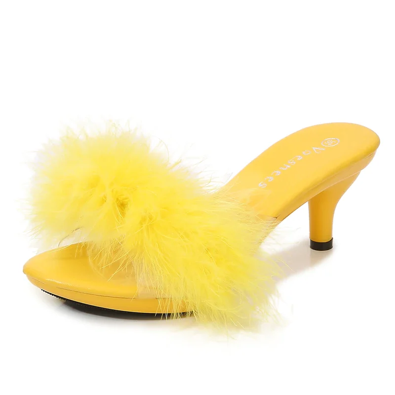 Qengg Solid Color Feather Fairy Slippers Summer Transparent Sandals Thin High Heels Sexy Fur Crystal 6cm Low Heel Derss Women Shoes