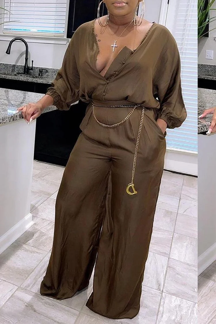 Xpluswear Plus Size Casual Coffee With Chain Belt Loose Long Sleeve Wide Leg Jumpsuits 