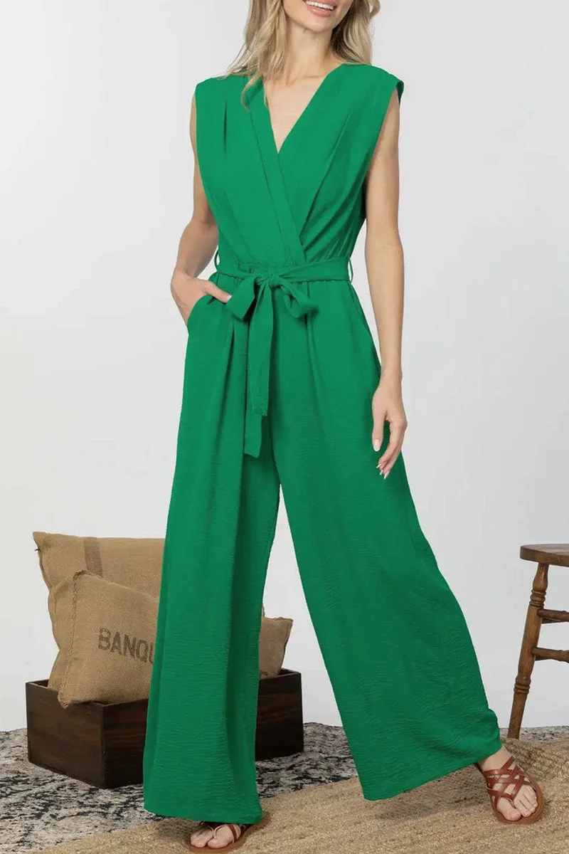 Casual Work Solid Frenulum V Neck Loose Jumpsuits