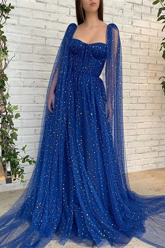 Daisda Elegant Royal Blue Tulle Long Evening Dress Beads With Ruffles
