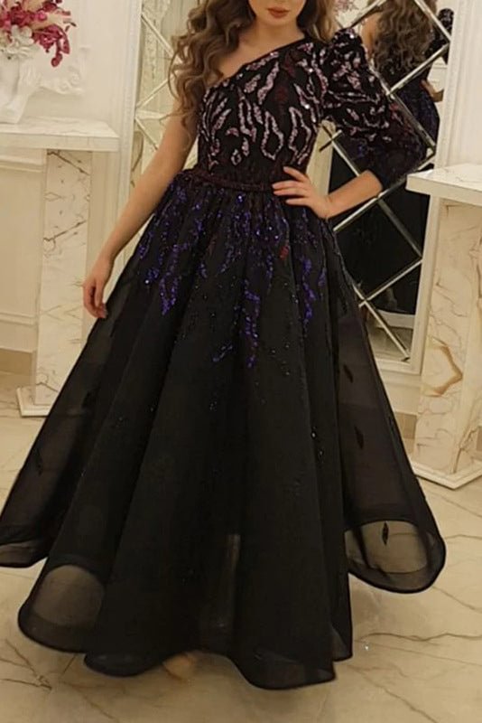 Long Black One Sleeve A-Line Prom Dress Evening Gown - Shop Trendy Women's Clothing | LoverChic