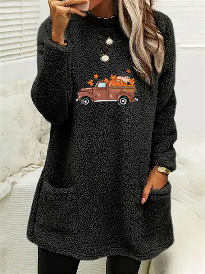 Women's New Fall and Winter Loose Long-sleeved Halloween Car Pumpkin Print Double-sided Velvet Pocket Round Neck Sweater