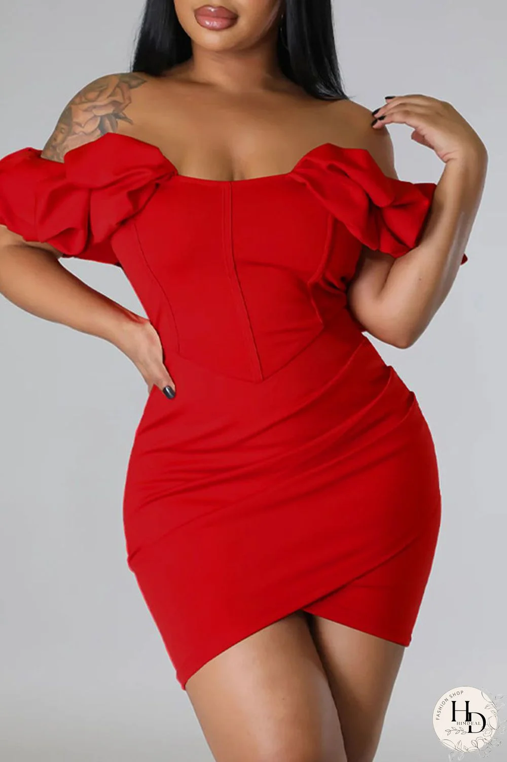 Red Sexy Solid Patchwork Asymmetrical Off the Shoulder Pencil Skirt Dresses