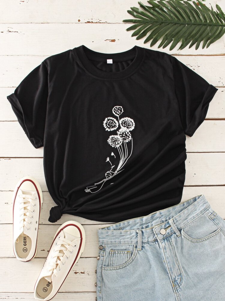 Flower O neck Print Short Sleeve Casual T Shirt For Women P1845074