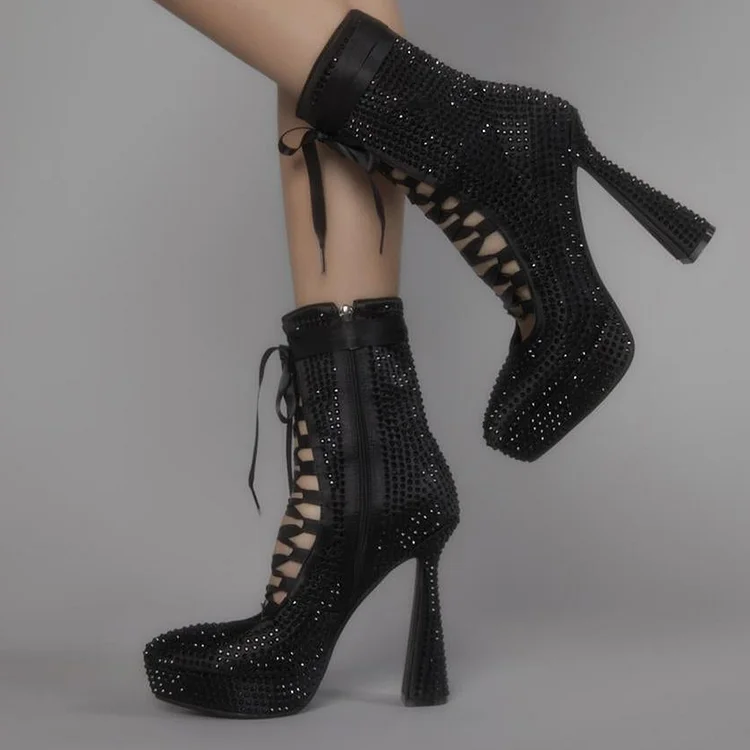 Black Rhinestone Ankle Boot Elegant Almond Toe Stiletto Platform Heels |FSJ Shoes