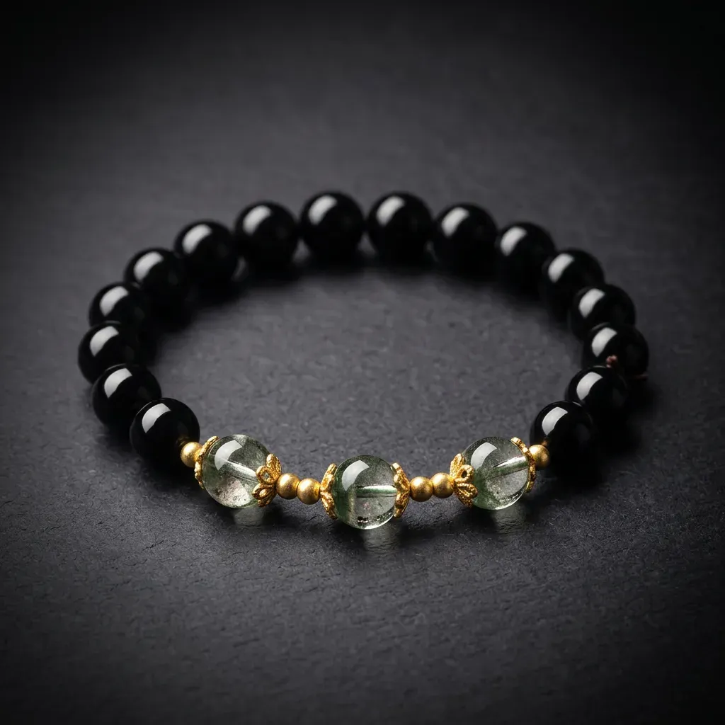 JiStones Ethereal Obsidian & Green Phantom Quartz Bracelet - Handcrafted Talisman for Protection and Prosperity Classic Obsidian & Green Phantom-Petite (6mm)