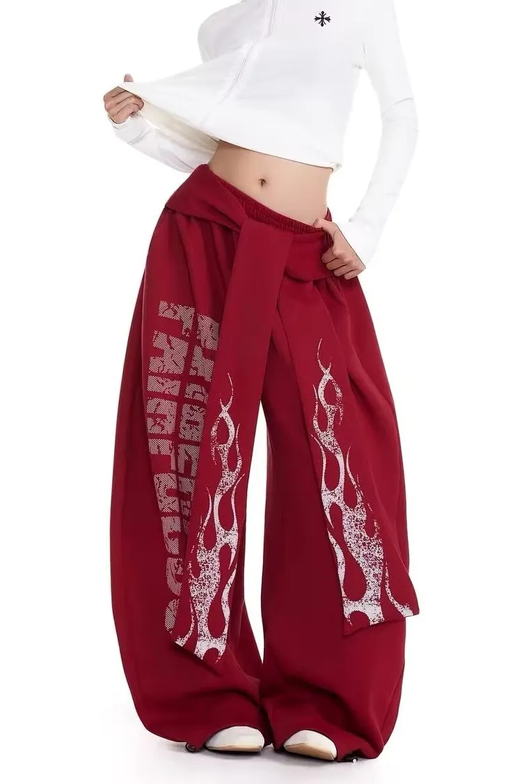 Graphic Print Wide Leg Pants Featuring a Flame Design and Elastic Waist
