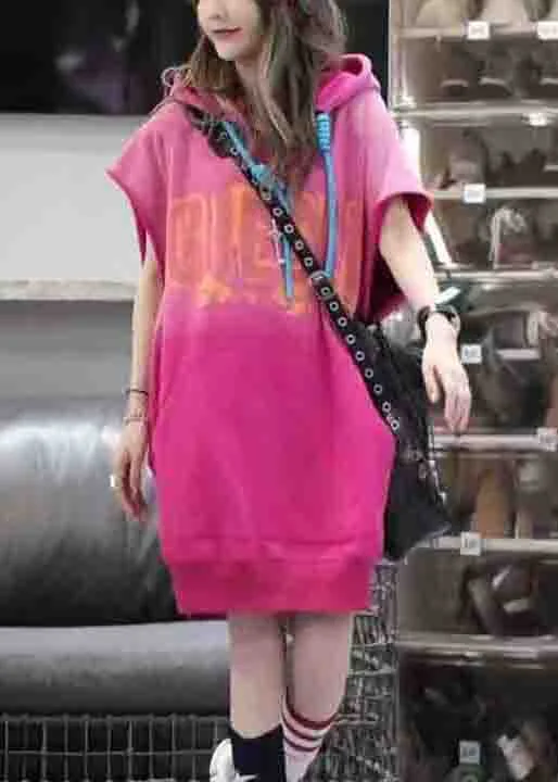 Loose Rose Hooded Print Patchwork Cotton Dresses Sleeveless