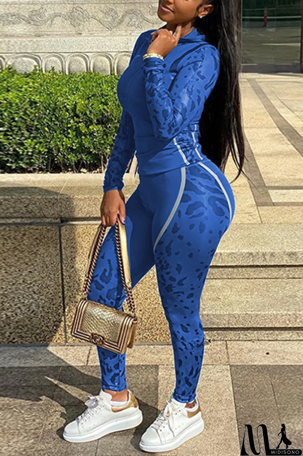 MidiSono - Blue Casual Print Split Joint Hooded Collar Long Sleeve Two Pieces