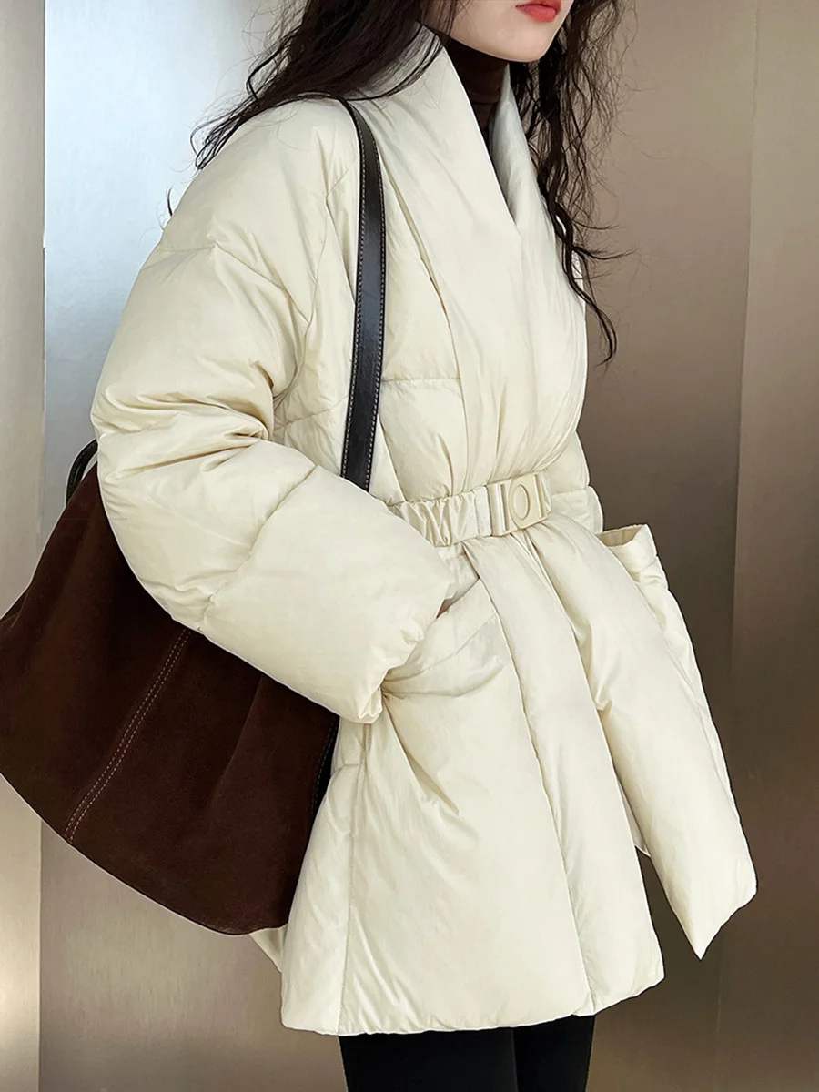 Toloer High Luxury White Duck Down In The Long Down Jacket Female 2024 Winter Fashion Waist Show Thin And Thick V-Neck Coat Tide-Outfit Ideas