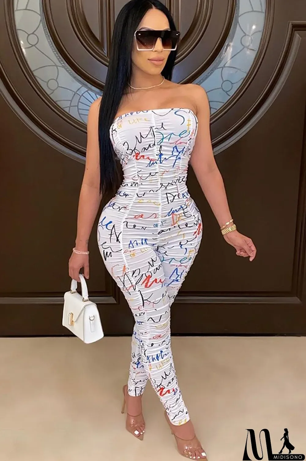 MidiSono - White Sexy Print Draped Polyester Sleeveless Wrapped Jumpsuits