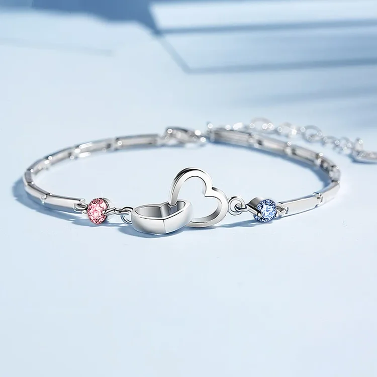 S925 Grandma & Granddaughter Forever Linked Together Birthstone Custom Double Diamond and Heart Bracelet