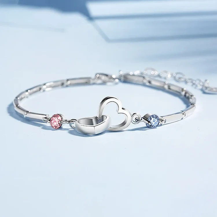 S925 Mother & Daughter Birthstones Custom Double Diamond Double Heart Bracelet