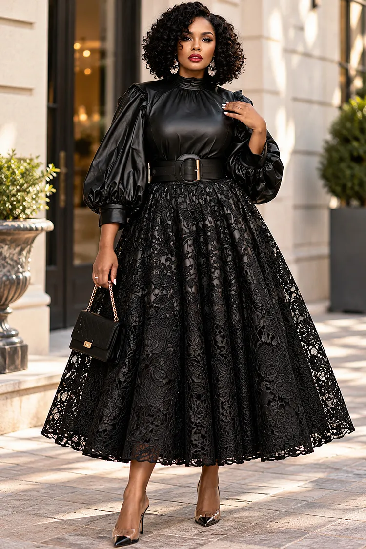 Xpluswear Design Plus Size Business Casual Lace Black Stand-Up Collar Lantern Sleeve 3/4 Sleeve Contrast PU Leather Midi Dresses [Pre-Order] 2024 - Xpluswear