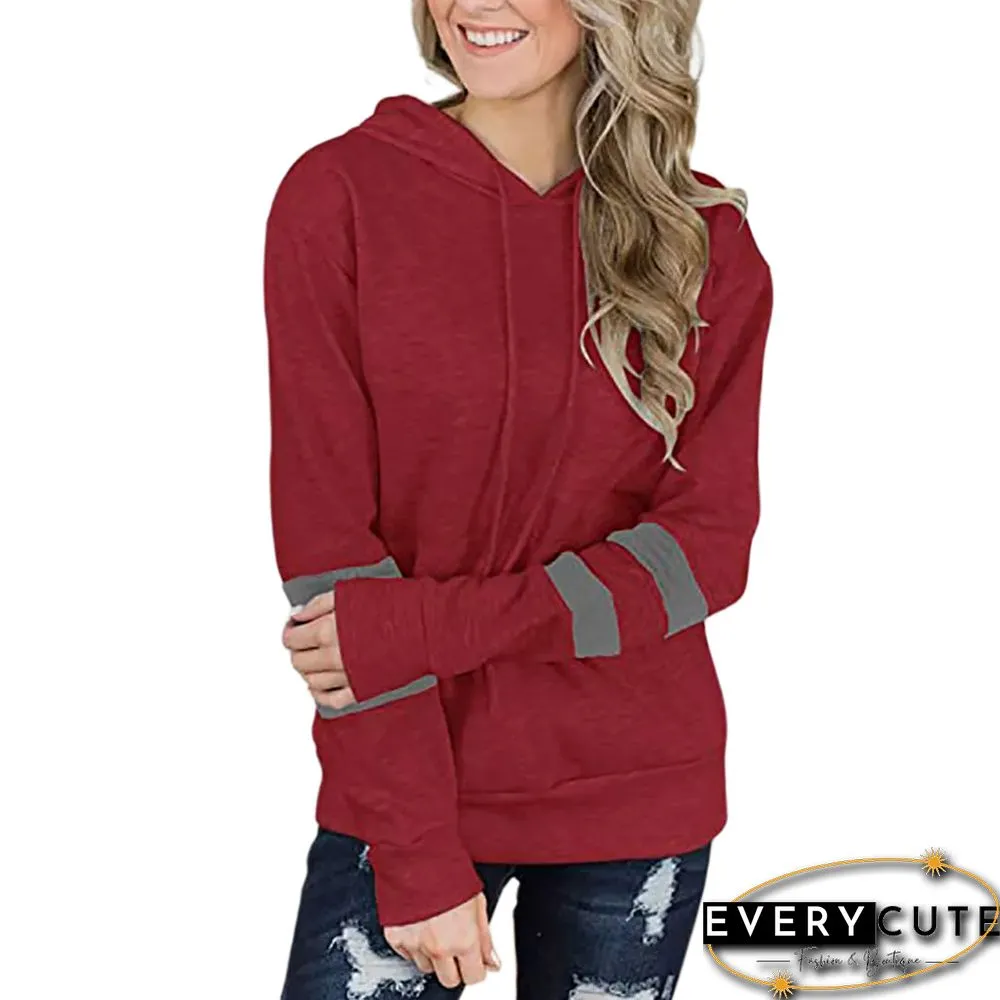 Red Contrast Stripes Long Sleeve Hoodie with Pocket